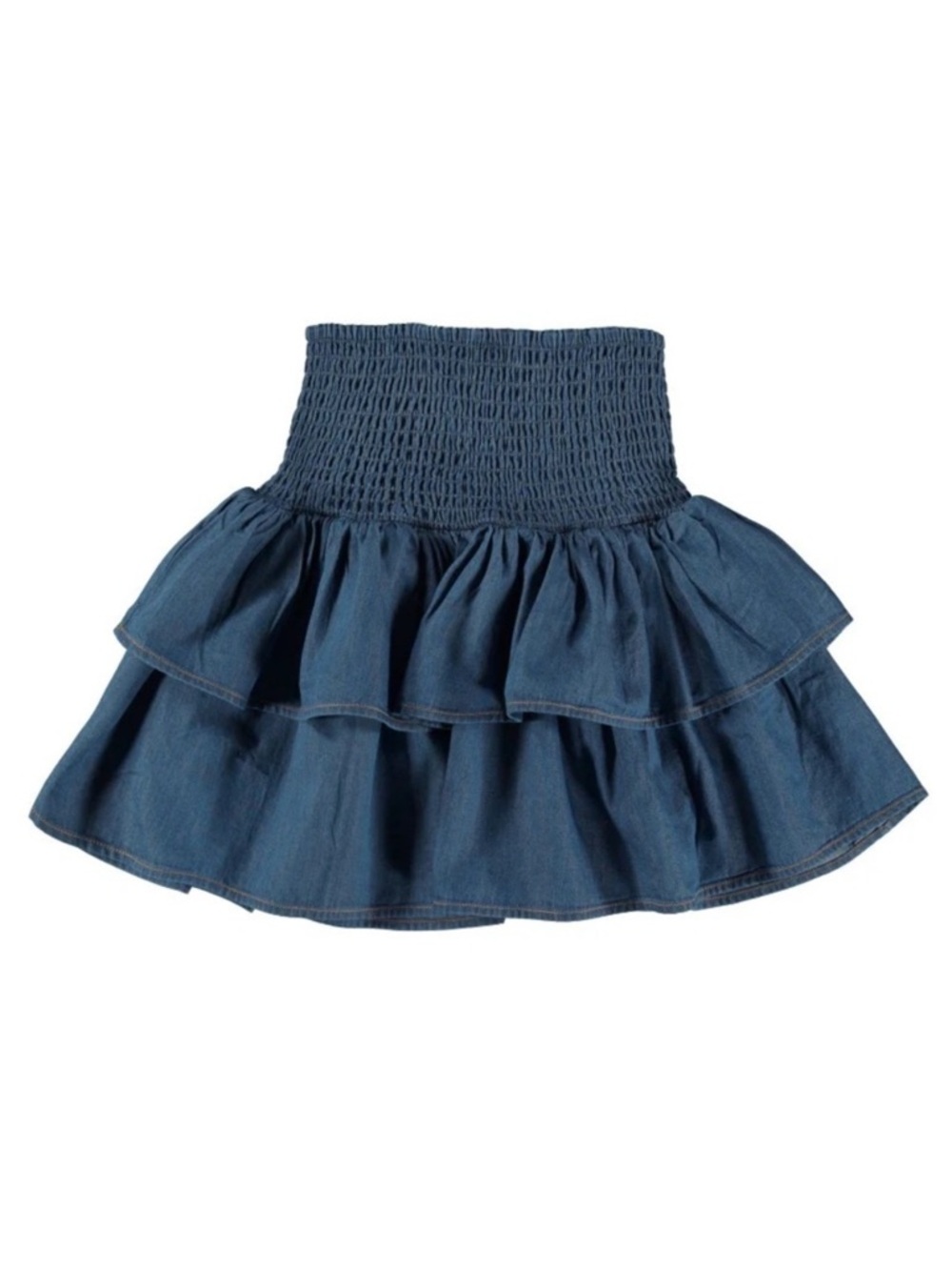 Molo Bonita Tiered Mini Skirt Dark Wash Chambray Girls Size 14 Smocked Waist